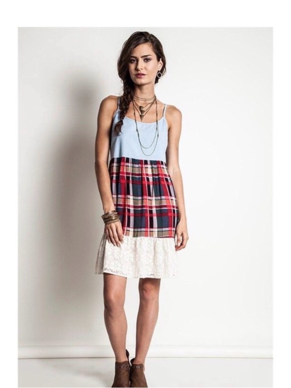 Umgee Medium Tiered Denim Plaid and Lace Dress